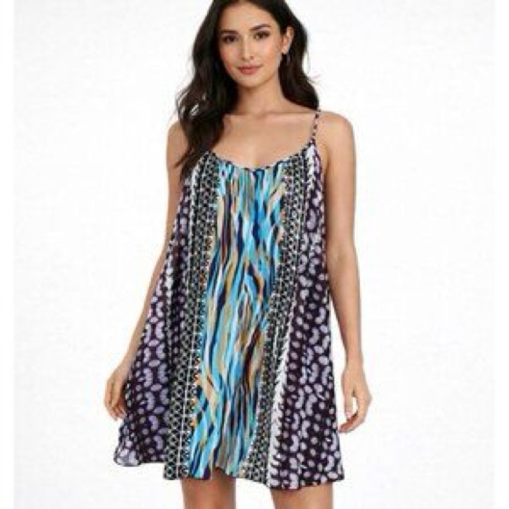 Express Print Dress in Blue, Black and Purple Hues